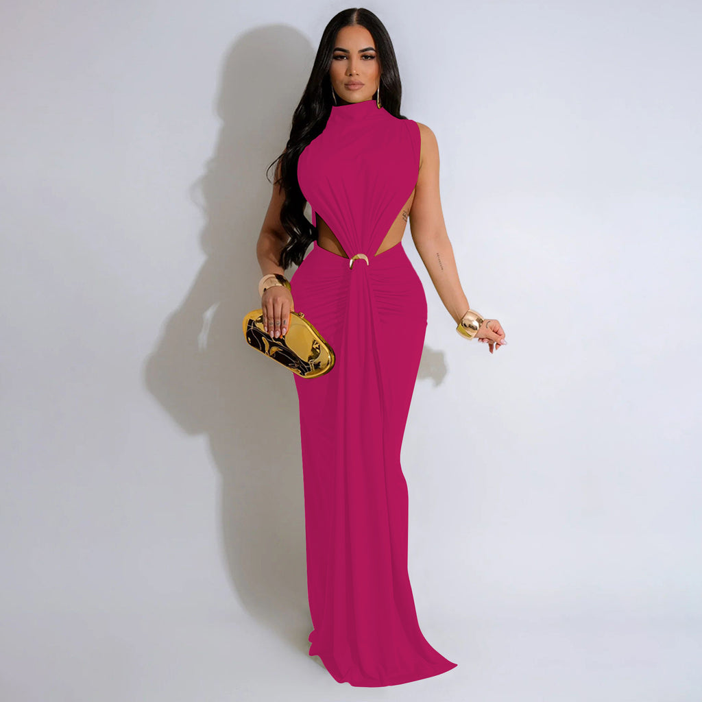 Georgia O-neck High Split Ruched Stacked Bodycon Midi Maxi Dress
