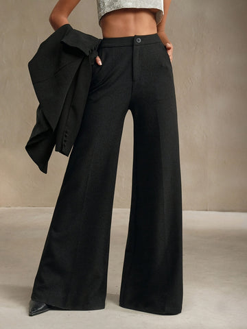 Neat Office Wide Leg High Grade Light Luxury Women Pants Straight High Waist Black Casual Draping Polyester Work Pant
