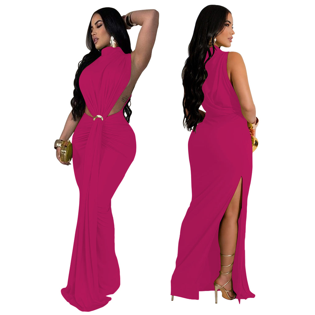 Georgia O-neck High Split Ruched Stacked Bodycon Midi Maxi Dress