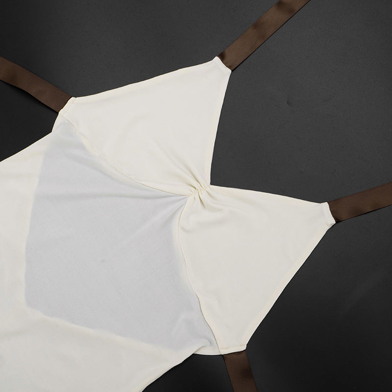 Women Clothing Summer Solid Color Casual Slim Sleeveless Backless Halter Lace up Long Conjoined Trousers