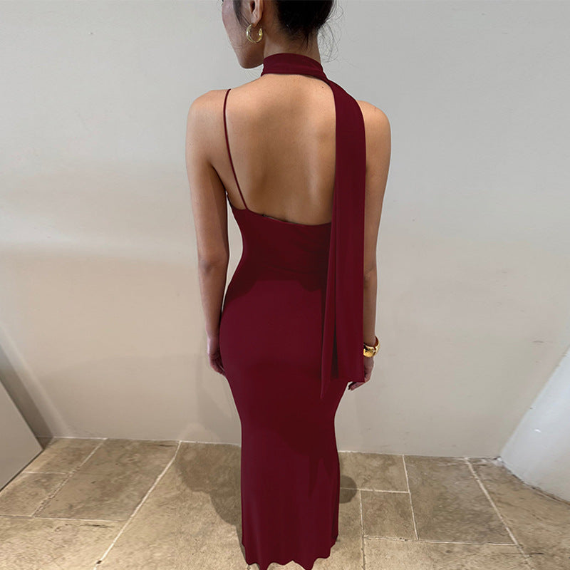 Suiza Elegant Sexy Scarf V neck Backless Slim Fit Solid Color Dress