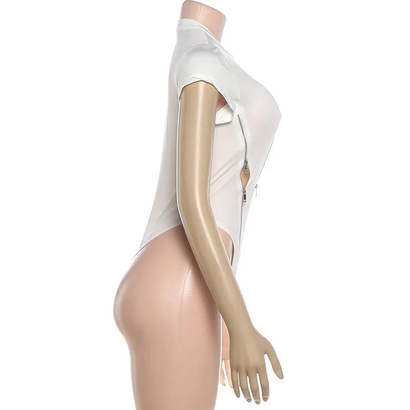 Ossining Zipper Sexy Cutout Sexy Solid Color Tight Short Sleeve Top