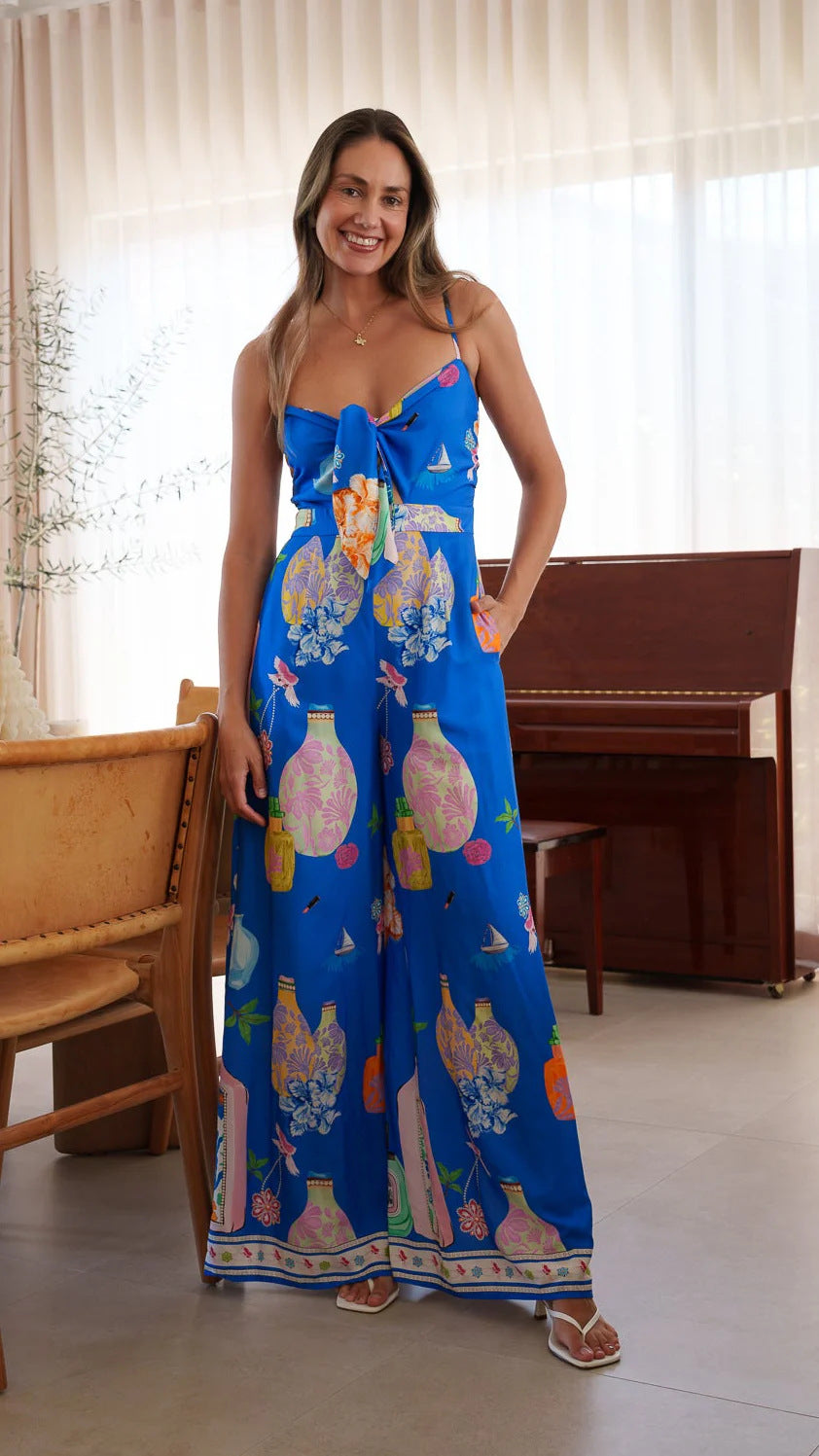 Summer Positioning Printing Casual V neck Strap Wide Leg Lace up Jumpsuit