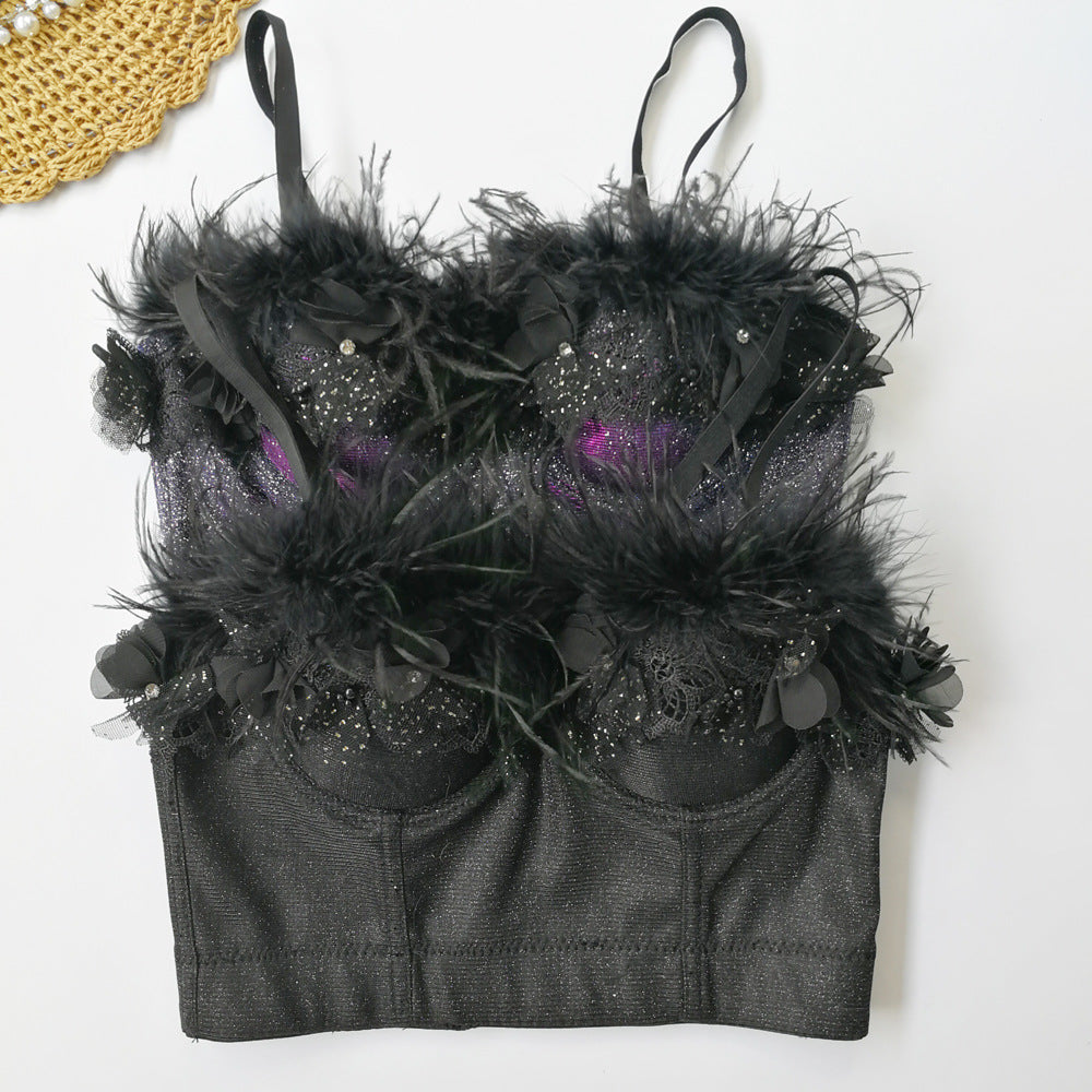 Women Stand Feather Wrapped Chest Vest