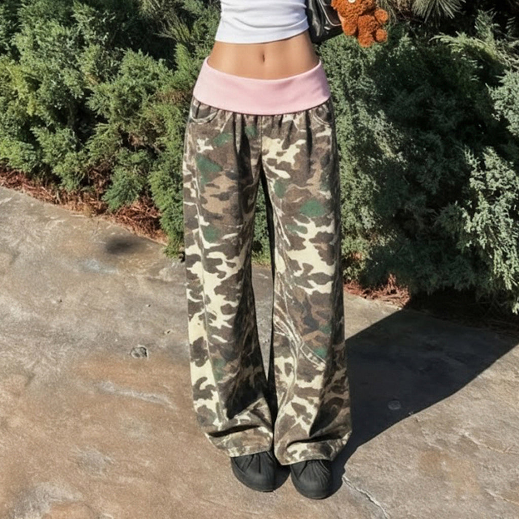 Retro Casual Camouflage Waist Contrast Color Trousers Women Street Sweet Spicy Loose Draggle Tail Straight Trousers