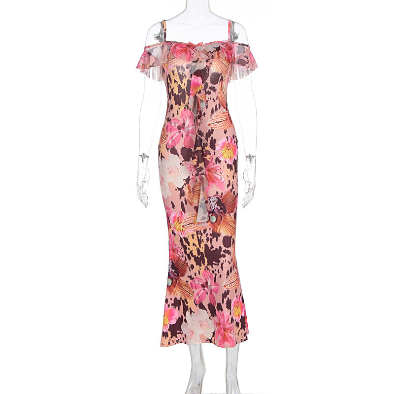 Herrera Sexy Printed Ruffled Spaghetti Straps Slim Slimming Dress