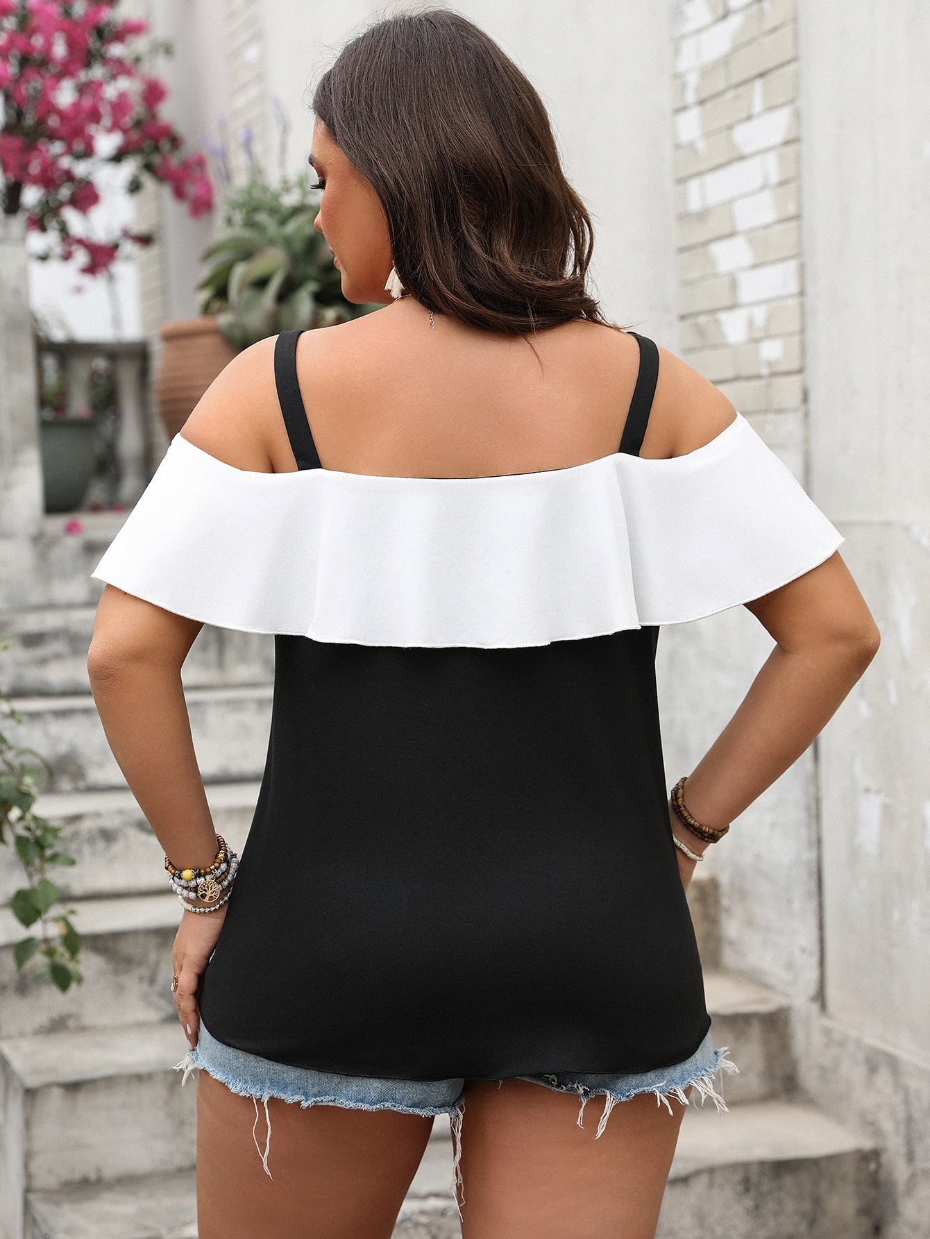 Plus Size Women Clothing Spring off the Shoulder Ruffle Sleeve Short Sleeve Strappy