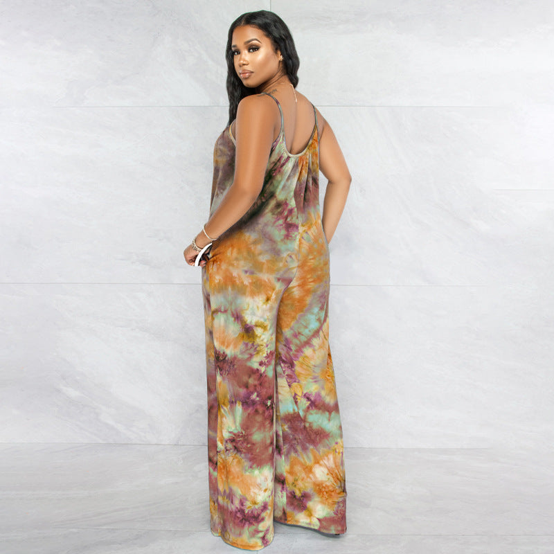 Plus Size New Tie-Dyed Printed Sling Casual Straight Stylish Loose Jumpsuit