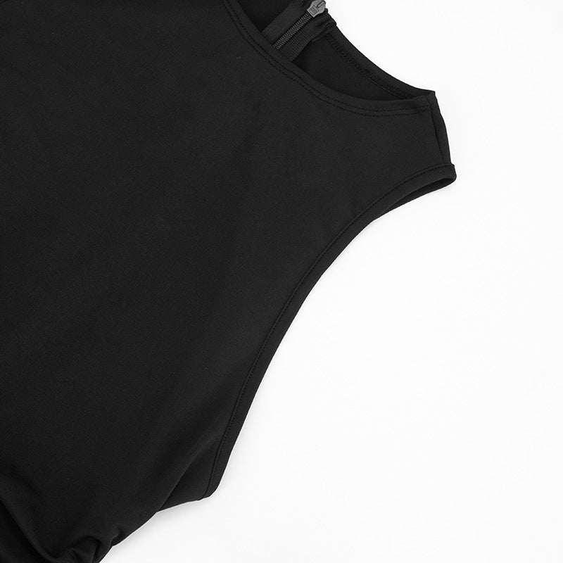 Women Clothing Spring Solid Color Sexy Pleated Sleeveless Stitching Mesh Slim Fit Long Conjoined Trousers