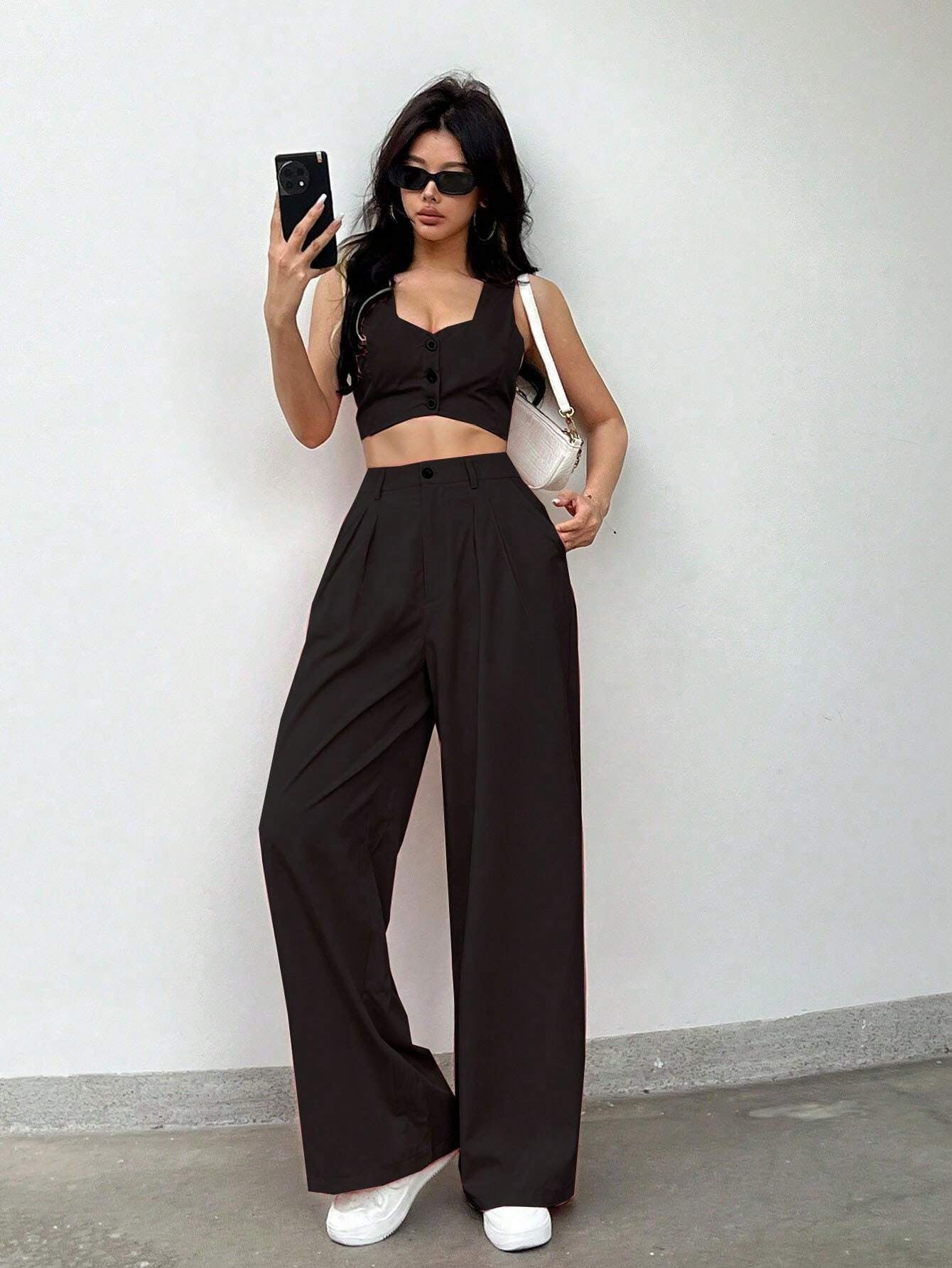 Loose High Waist Black Draping Spring Autumn Work Pant Business Straight Leg Casual High Grade Ladies Work Pant