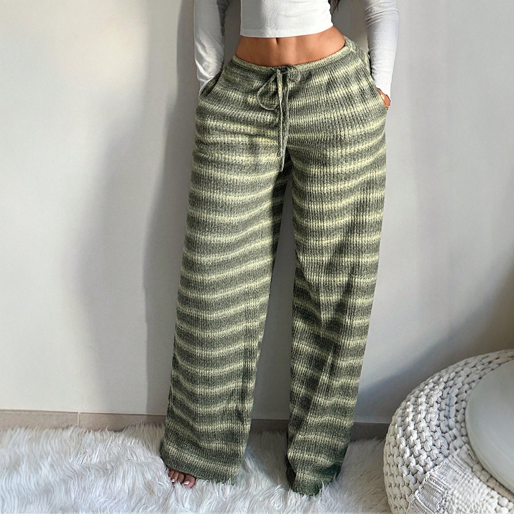 Slimming Loose Casual Contrast Color Striped Trousers Straight-leg Casual Pants Women