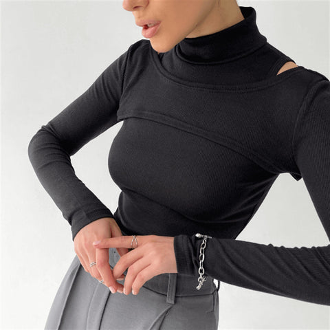 women Inner Half High Collar Cropped Solid Sleeve