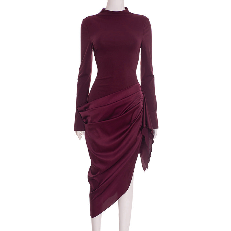 Washington Elegant Solid Color Waist Tight Irregular Asymmetric Mid Length Dress