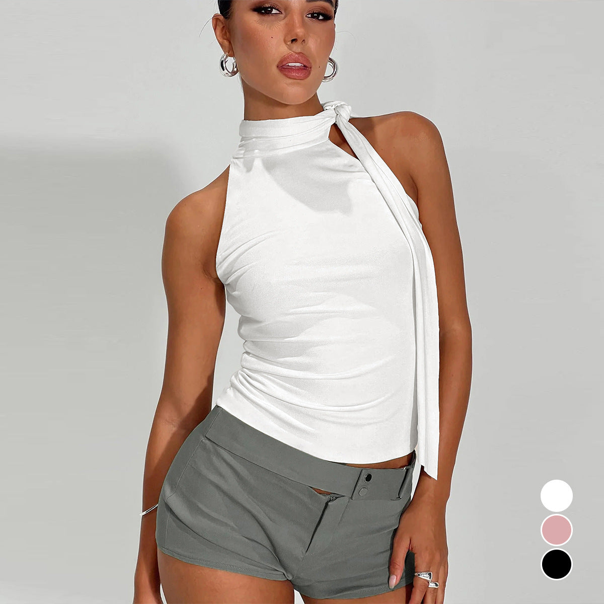 Summer Sleeveless Top Sexy Exposed Cropped Backless Halter Bandage Tight Women T shirt