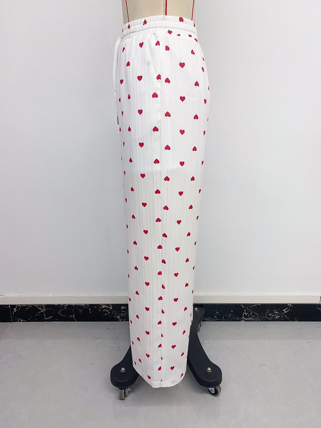 Women Long Pants Straight Lace up Love Pattern Casual Wide Leg Pants Summer