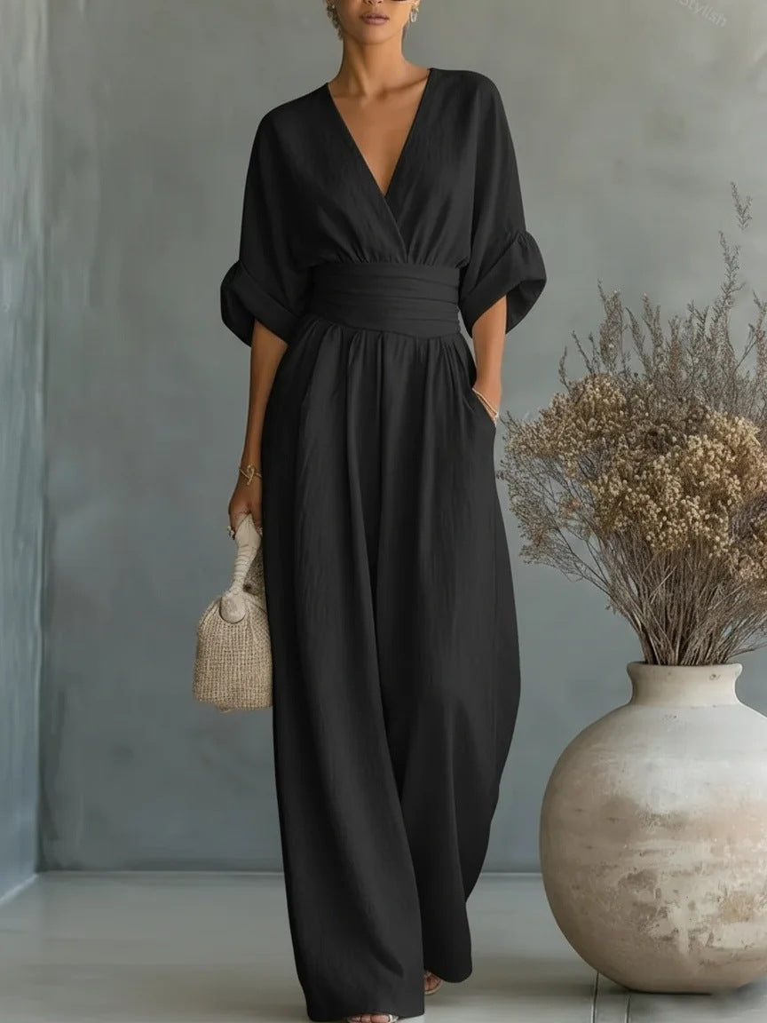 Spring Summer Elegant Tight Waist V neck Elegant Women Jumpsuit