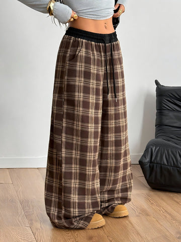 Autumn Winter Retro Loose Plaid Mid Waist Lace up Casual Wide Leg Pants