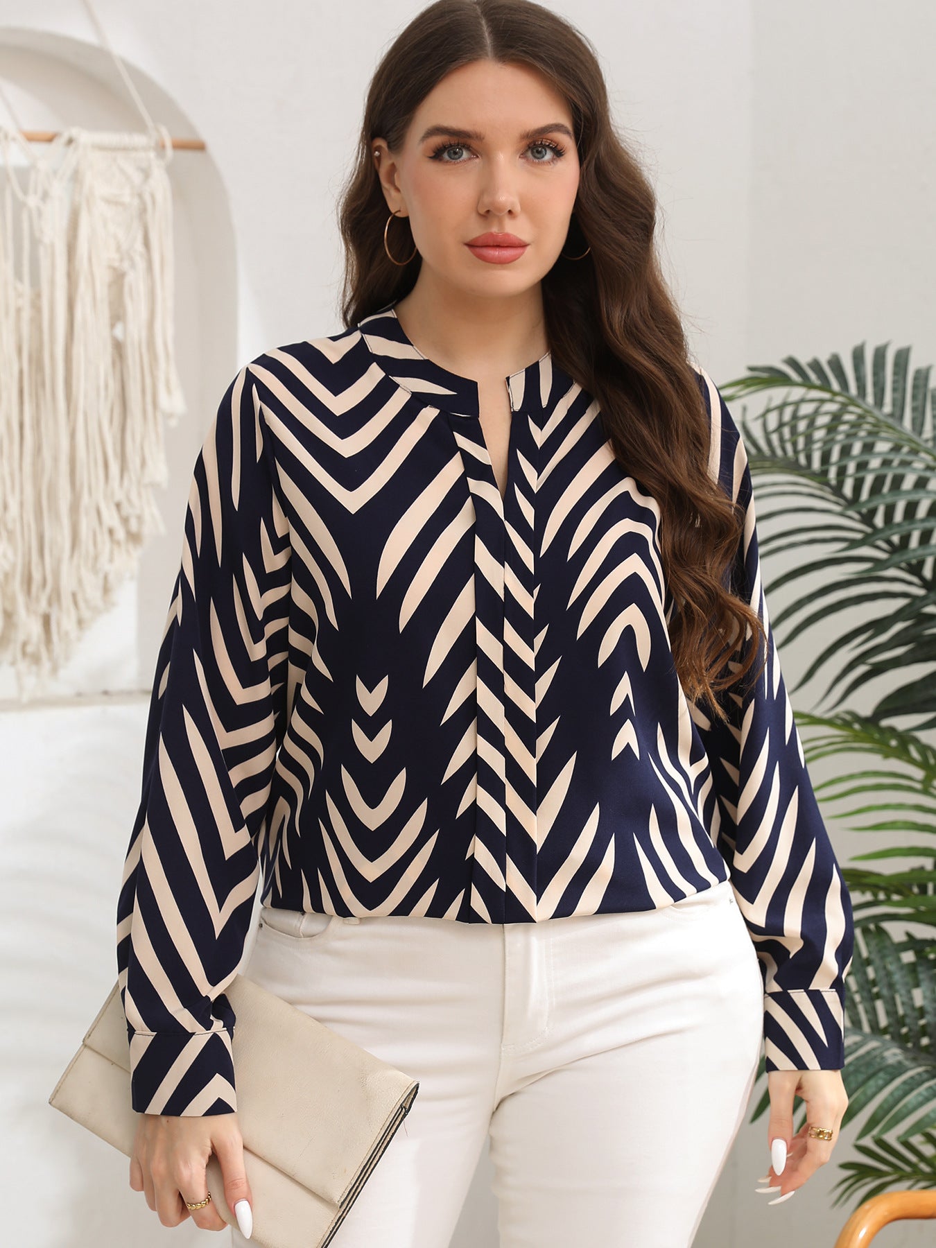 Retro Printed Long Sleeve Loose V neck