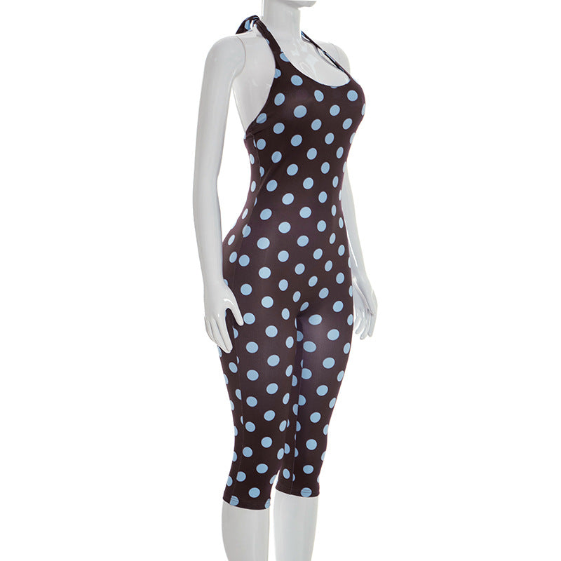 Women Clothing Summer Polka Dot Print Sleeveless Halter Tied Slim Fit Cropped Jumpsuit