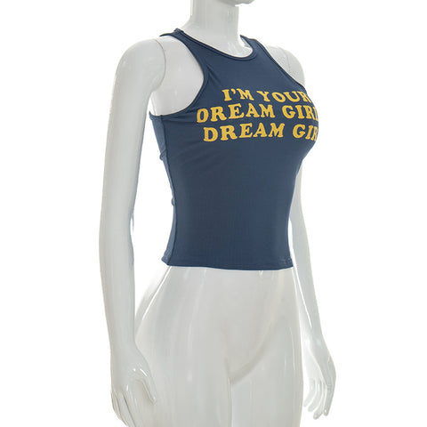 Women Solid  Letters Printing Thread Sleeveless Vest