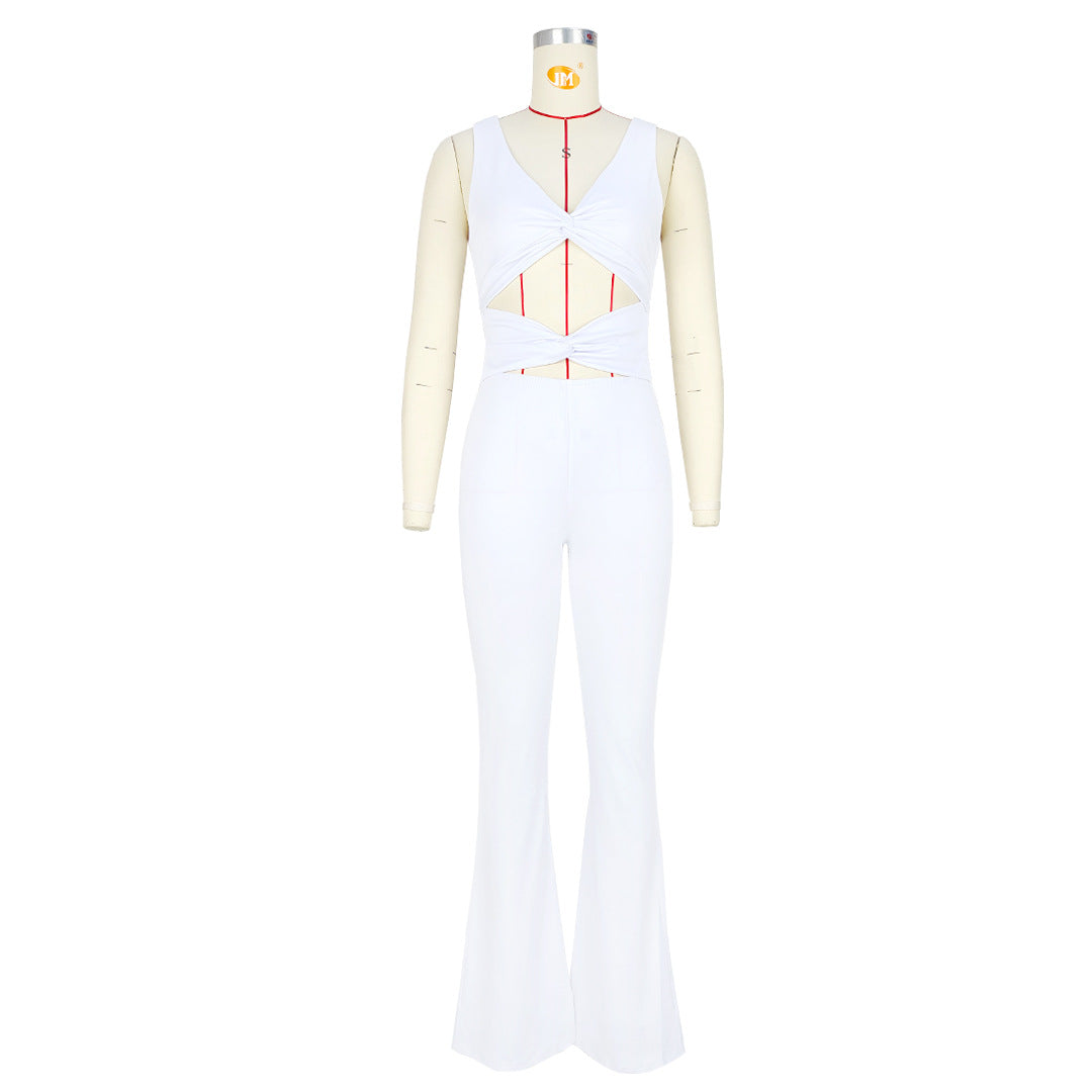 Women Clothing Solid Color Slimming Hollow Out Cutout Twist Bell Jumpsuits