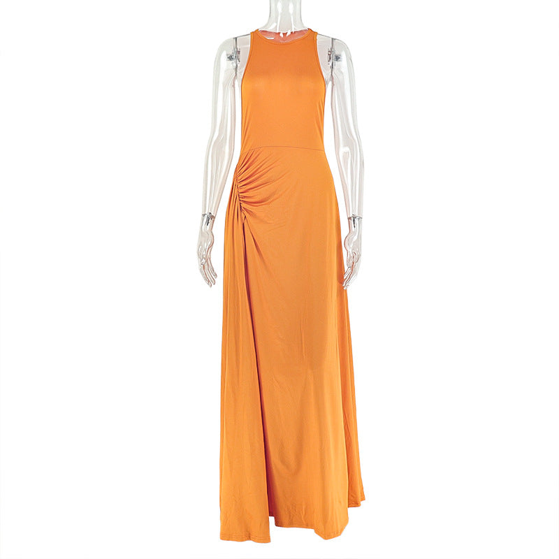 Colorado Fitted Waist Pleated Design Hip Round Neck Sleeveless Dress