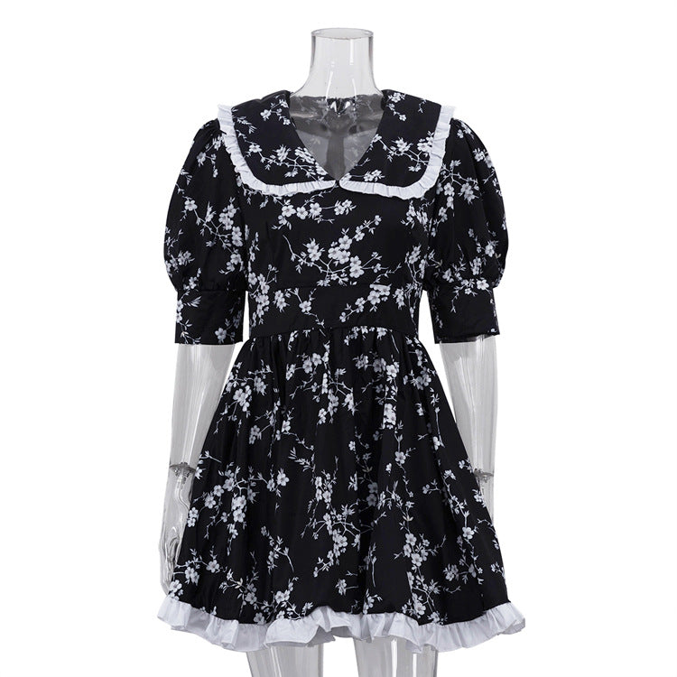 Agora Digital Printed Collar Puff Sleeve High Waist Contrast Color A line Dress