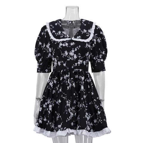 Agora Digital Printed Collar Puff Sleeve High Waist Contrast Color A line Dress
