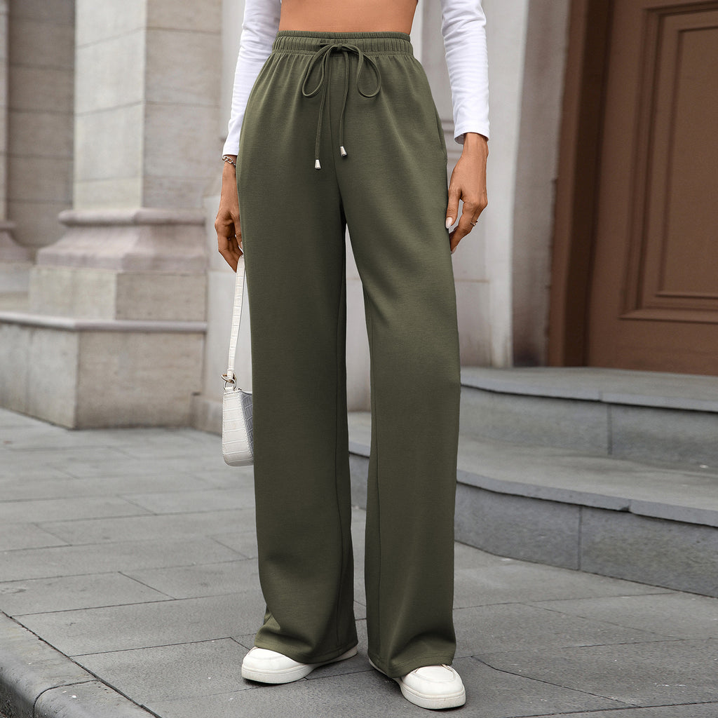 Autumn Winter Solid Color Elastic Waist Pocket Loose Straight Trousers Ladies