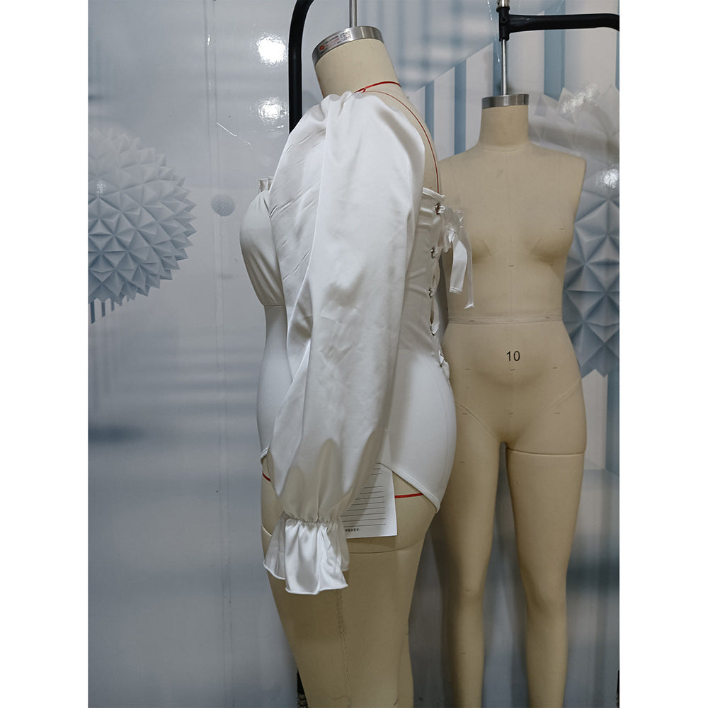Plus Size Women Clothes Square Collar Long Sleeve Pure White Slim Fit Backless Tied Jumpsuit
