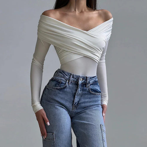 Co-op City Sexy off the Shoulder Long Sleeve Cross Pleated Slim High Waist Top