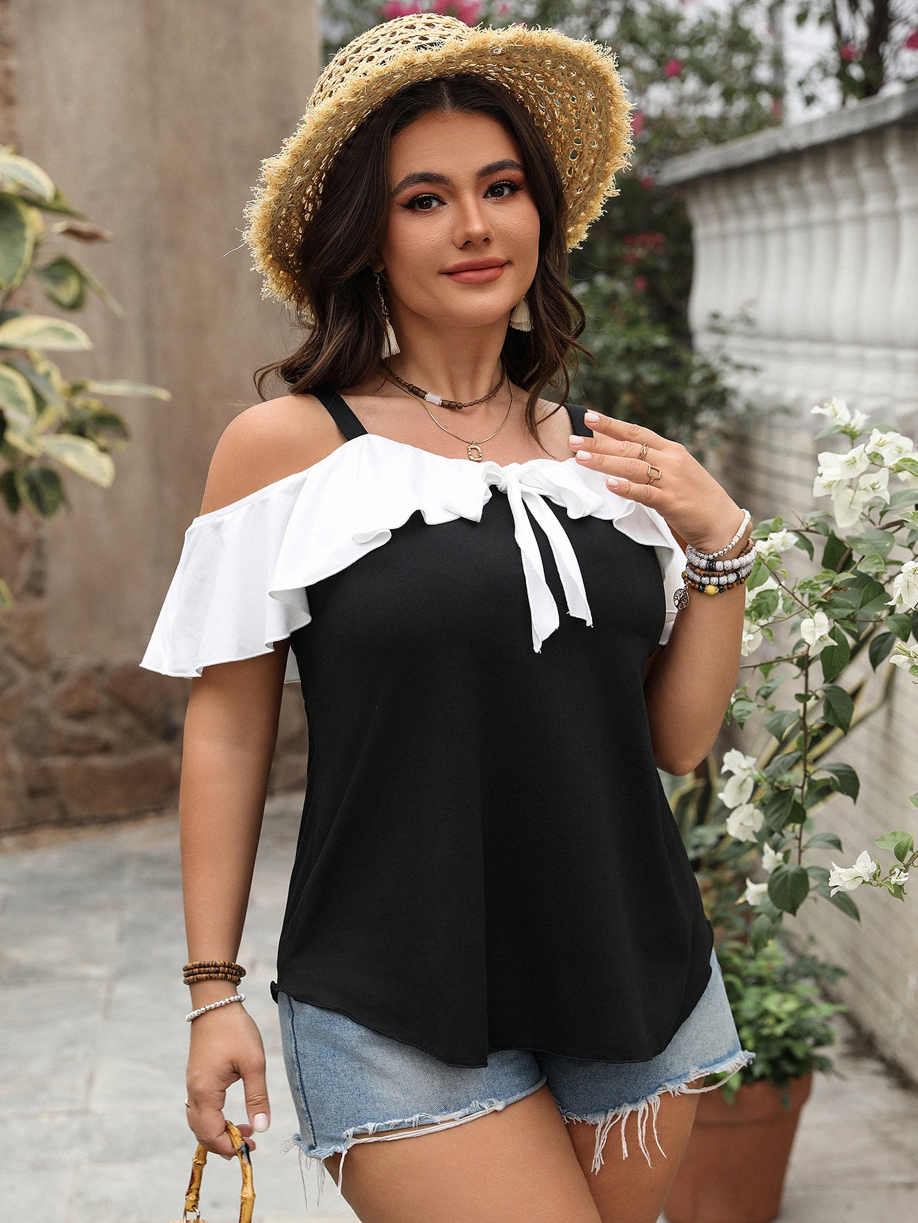 Plus Size Women Clothing Spring off the Shoulder Ruffle Sleeve Short Sleeve Strappy