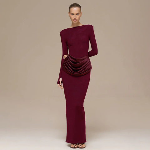 Berlin Elegant Lady Slim Fit Long Sleeve Pleated Sheath Maxi Dress
