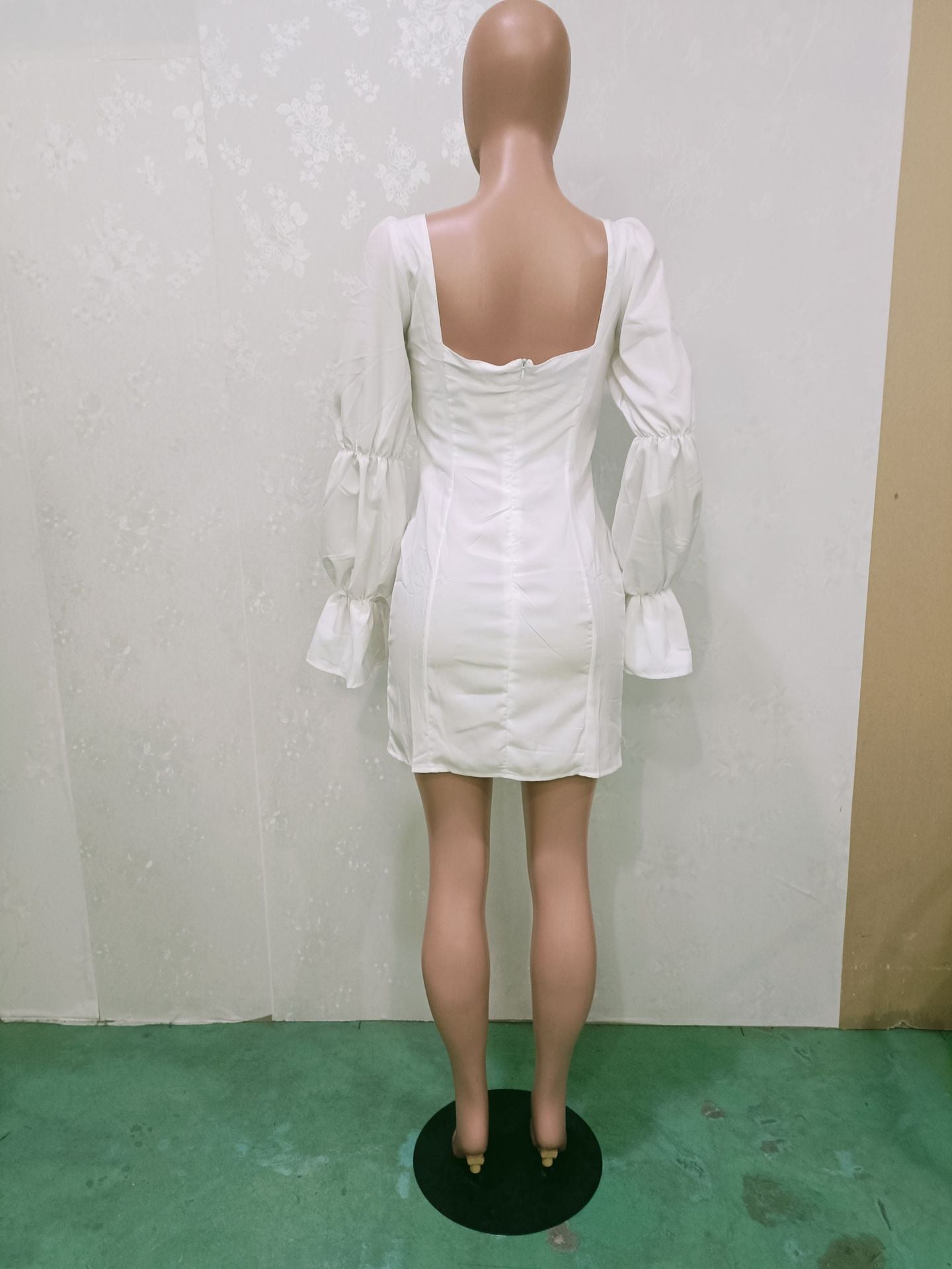 Bayonne Solid Full Puff Sleeve Square Collar Bandage Stretchy Bodycon Dresses