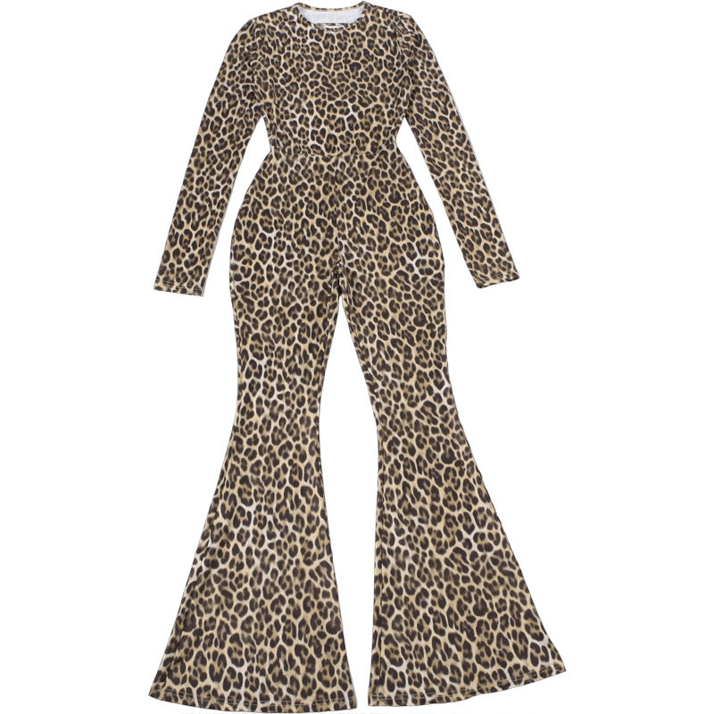 Spring Women Clothes Personality round Neck High Waist Slim Fit Backless Leopard Print Long Sleeve Jumpsuit Women