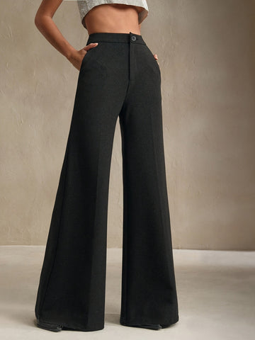 Neat Office Wide Leg High Grade Light Luxury Women Pants Straight High Waist Black Casual Draping Polyester Work Pant