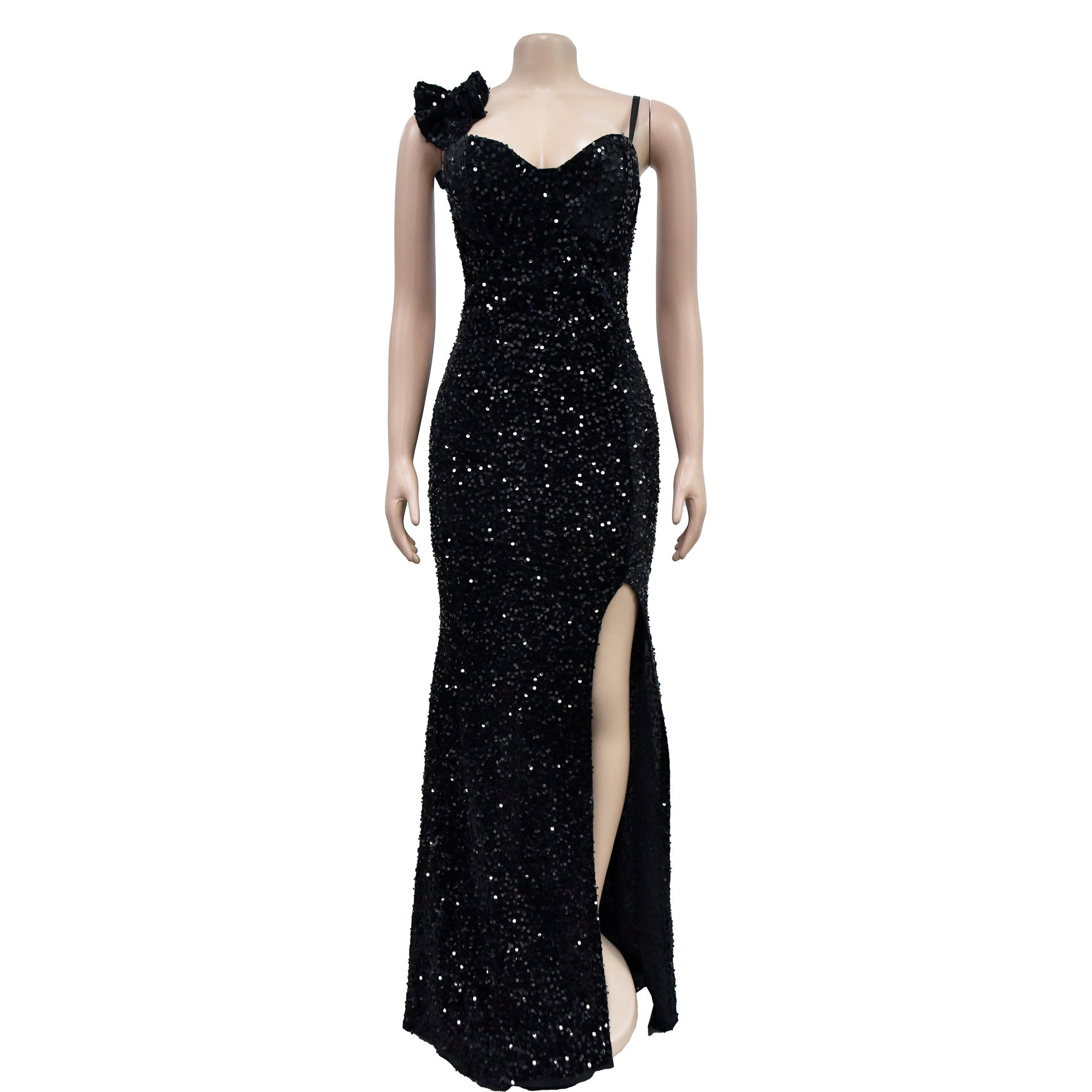 Trenton One Shoulder Open Back Sequined High Side Split Mermaid Maxi Dress