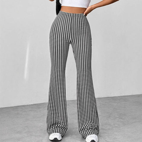Retro Houndstooth High Waist Slim Mop Casual Bootcut Trousers