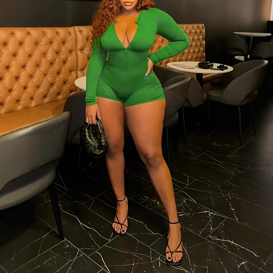 Plus Size Spring Summer Simplicity Slim round Neck Long Sleeve Zipper Cautious Jumpsuit