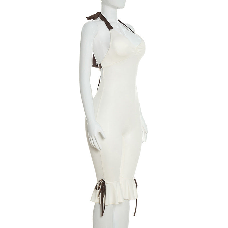 Women Clothing Summer Solid Color Casual Slim Sleeveless Backless Halter Lace up Long Conjoined Trousers