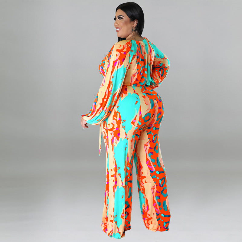 plus Size Women Clothing Autumn Printed Sexy off the Shoulder Long Sleeve Jumpsuit