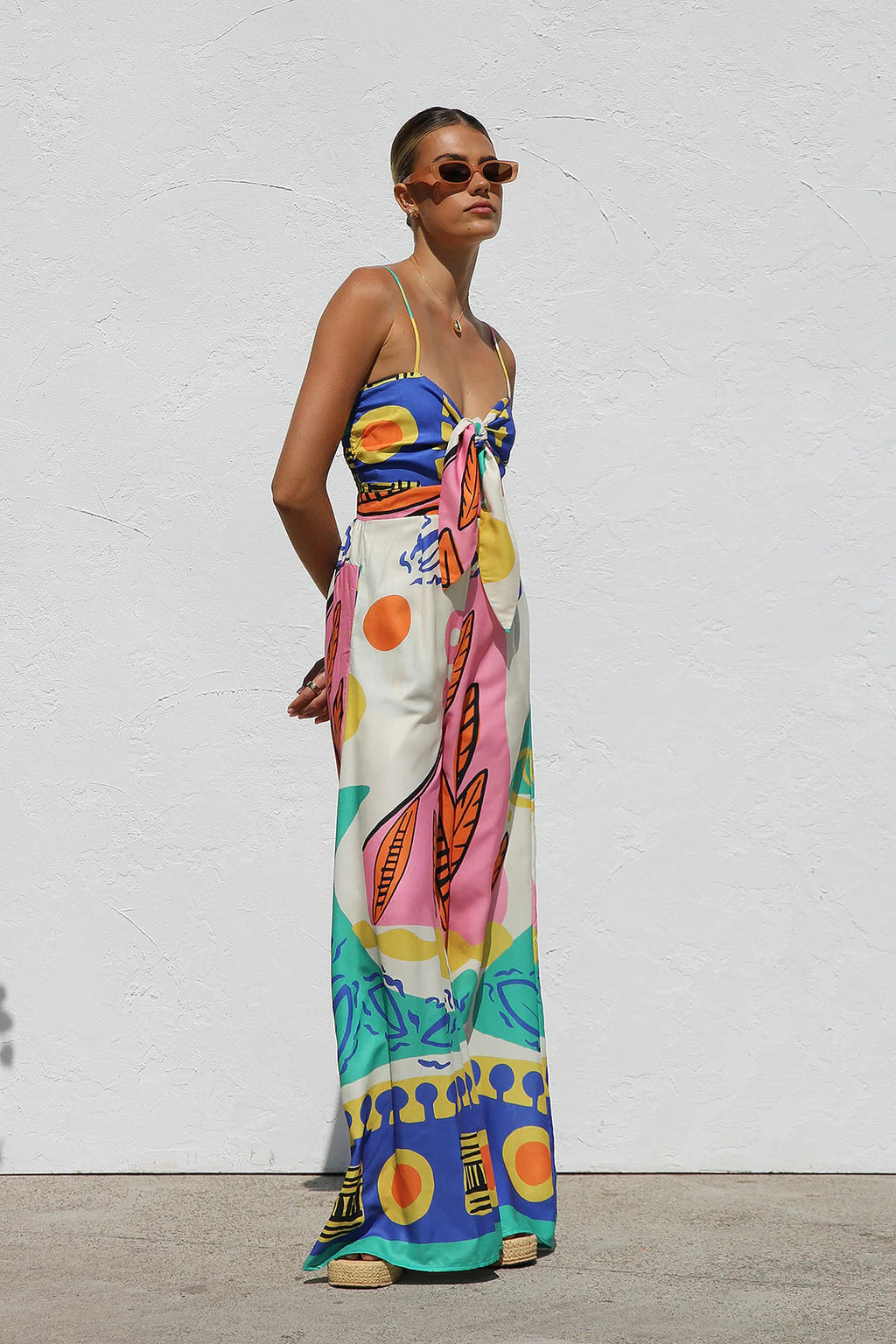 Spring Summer Printed Waist Controlled Smocking Strap Knotted Wide Leg Straight Jumpsuit