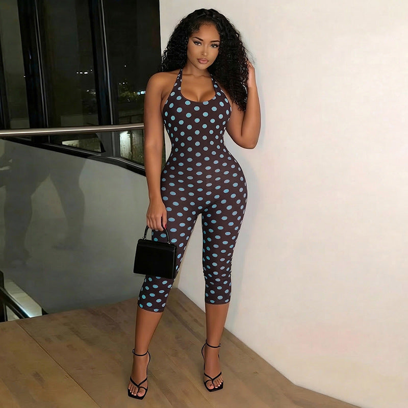 Women Clothing Summer Polka Dot Print Sleeveless Halter Tied Slim Fit Cropped Jumpsuit