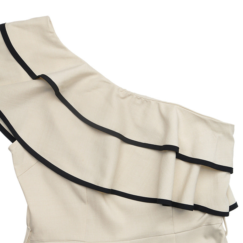 Minimalist Vacation Apricot One Shoulder Ruffled Fitted Waist Jumpsuit