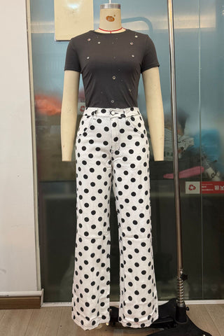 Millennium Jeans Casual All Matching Straight Pants High Waist Sweet Cool Polka Dot Denim Trousers for Women