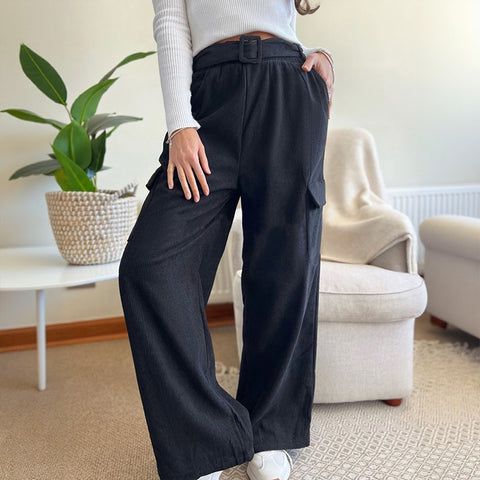 Autumn Winter Casual Simple Loose Solid Color Corduroy Wide Leg Pants Women