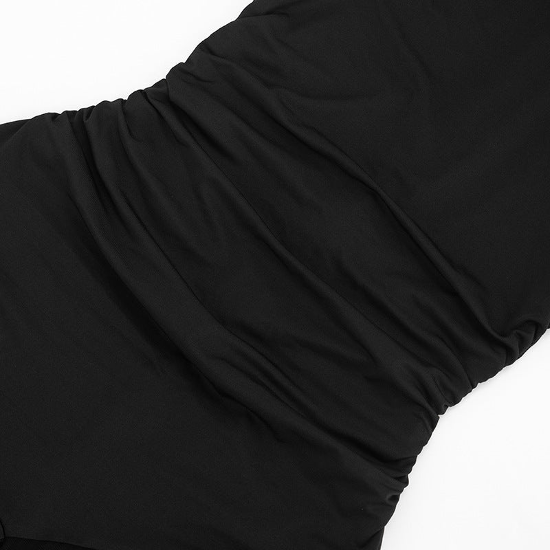Women Clothing Spring Solid Color Sexy Pleated Sleeveless Stitching Mesh Slim Fit Long Conjoined Trousers