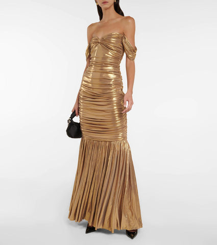 Minesotta Metallic Coated Fabric Sexy Tube Raglan Sleeve Solid Color Slim Fit Maxi Dress