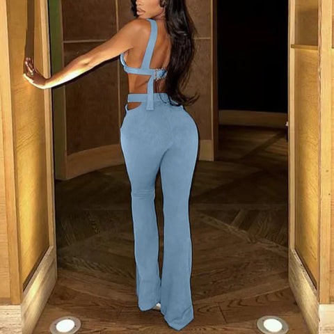 Oyster Bay Cutout Waist with Belt Wide Leg Flare Outfits Two Piece Set