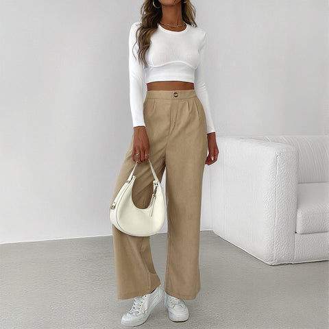 All Matching Casual Simplicity Basic Corduroy High Waist Solid Color Wide Leg Pants